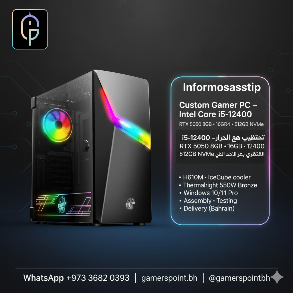 Custom Gamer PC — Intel Core i5-12400, RTX 5050 8GB, 16GB, 512GB NVMe Gamers Point Desktop Computer, Mac Studio  Gamers Point