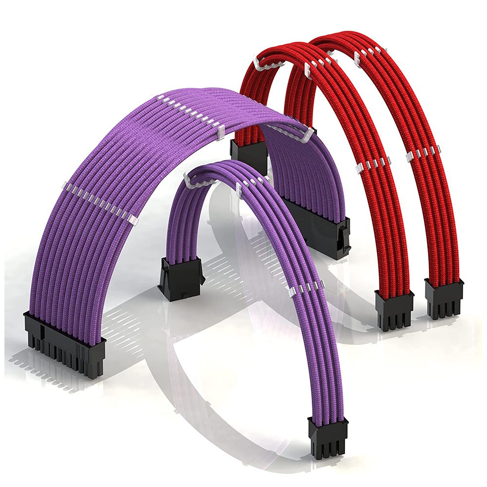 LINKUP Braided Sleeved PSU Cable Extension Kit Red Purple 18AWG