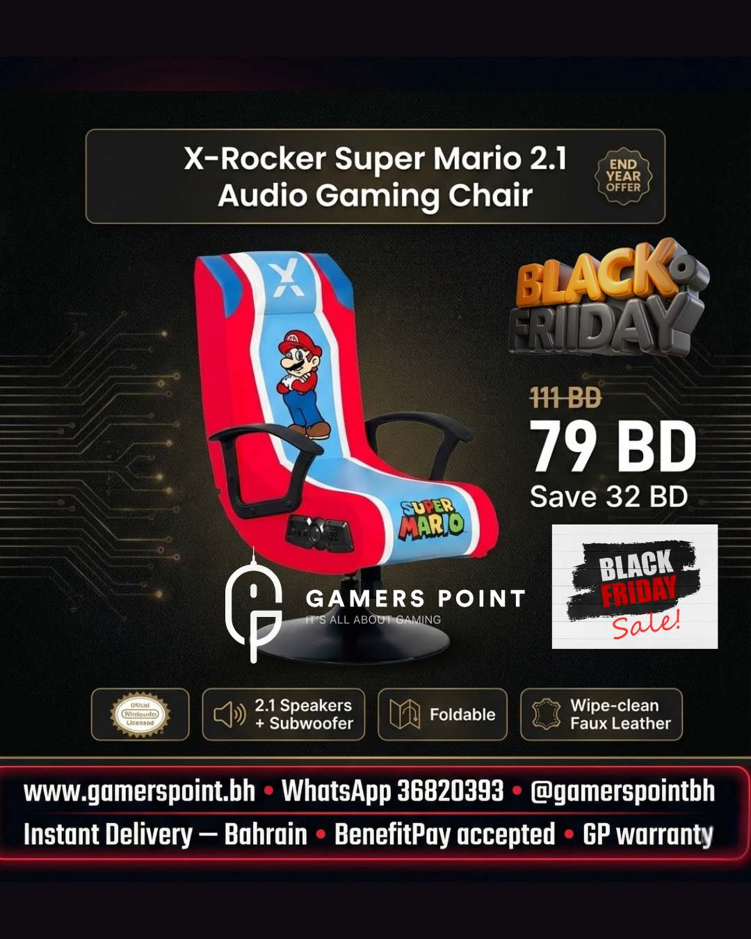 X-Rocker Nintendo Super Mario Pedestal Folding Chair with 2.1 Audio Built-In Mario Gaming Chair | 2020108